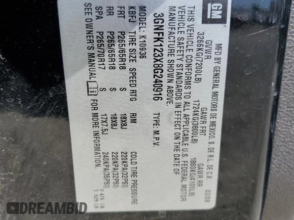 2008 Chevrolet Avalanche LTZ with VIN 3GNFK123X8G240916, listed as a Copart auction lot 58591865 with Not provided miles and Salvage title. Bid and sale history available at DreamBid. Image 12.