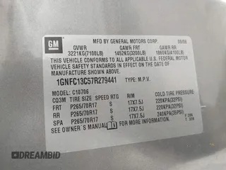 2007 Chevrolet Tahoe LS with VIN 1GNFC13C57R279441, listed as a IAAI auction lot 42428981 with 229,827 mi miles and . Bid and sale history available at DreamBid. Image 9.