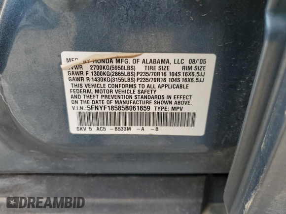 2005 Honda Pilot EX-L z VIN 5FNYF18585B061659, wystawiony jako Copart lot #54946735 z przebiegiem 263 582 mil mil oraz Szkoda całkowita • Salvage title. Historia ofert i sprzedaży dostępna na DreamBid. Obrazek 15.