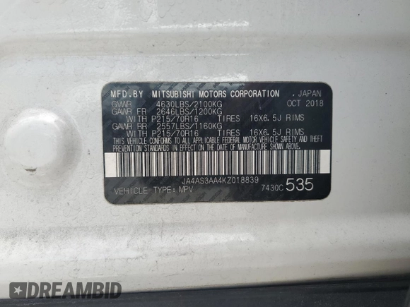 2019 Mitsubishi Eclipse Cross ES with VIN JA4AS3AA4KZ018839, listed as a Copart auction lot 64139395 with 175,261 mi miles and Clean title. Bid and sale history available at DreamBid. Image 13.
