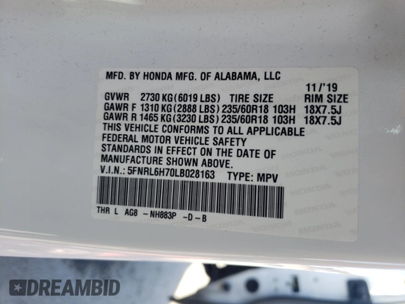2020 Honda Odyssey EX-L z VIN 5FNRL6H70LB028163, wystawiony jako Copart lot #53289695 z przebiegiem 72 114 mil mil oraz Szkoda całkowita • Salvage title. Historia ofert i sprzedaży dostępna na DreamBid. Obrazek 13.