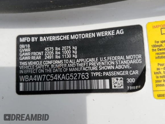 2019 BMW 4 Series 440i z VIN WBA4W7C54KAG52763, wystawiony jako Copart lot #64873514 z przebiegiem 36 735 mil mil oraz Szkoda całkowita • Salvage title. Historia ofert i sprzedaży dostępna na DreamBid. Obrazek 12.