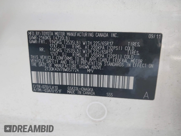 2011 Toyota RAV4 Limited with VIN 2T3DK4DV7BW057724, listed as a IAAI auction lot 42759650 with 142,782 mi miles and . Bid and sale history available at DreamBid. Image 9.