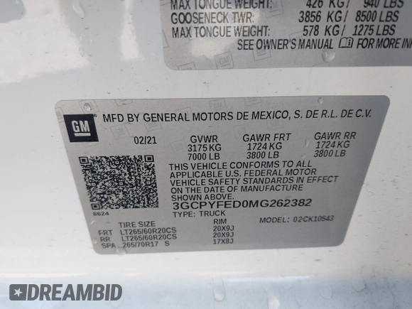 2021 Chevrolet Silverado 1500 LT Trail Boss with VIN 3GCPYFED0MG262382, listed as a IAAI auction lot 41765187 with 38,664 mi miles and . Bid and sale history available at DreamBid. Image 9.