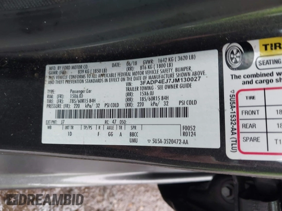 2018 Ford Fiesta SE with VIN 3FADP4EJ7JM130027, listed as a IAAI auction lot 42171799 with 65,253 mi miles and . Bid and sale history available at DreamBid. Image 9.