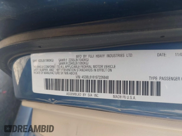 2009 Subaru Legacy Special with VIN 4S3BL616197226848, listed as a IAAI auction lot 42589860 with 177,083 mi miles and . Bid and sale history available at DreamBid. Image 9.
