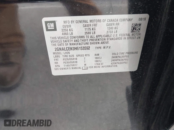 2017 Chevrolet Equinox LT with VIN 2GNALCEK0H6153592, listed as a IAAI auction lot 41970263 with 98,223 mi miles. Bid and sale history available at carsss.com. Image 9.