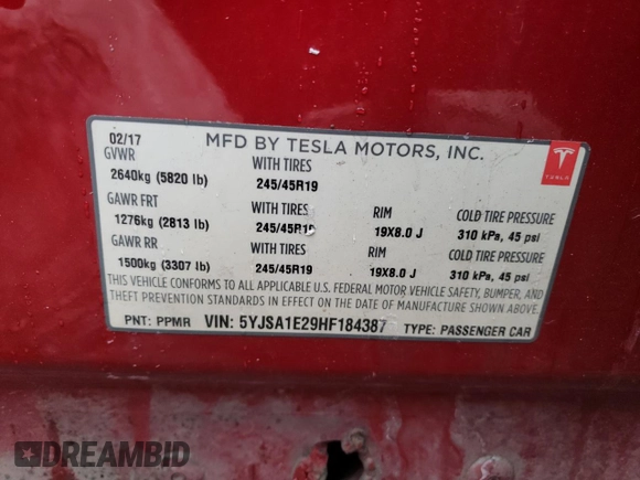 2017 Tesla Model S 100D with VIN 5YJSA1E29HF184387, listed as a Copart auction lot 39186144 with 101,387 mi miles and Salvage title. Bid and sale history available at DreamBid. Image 13.