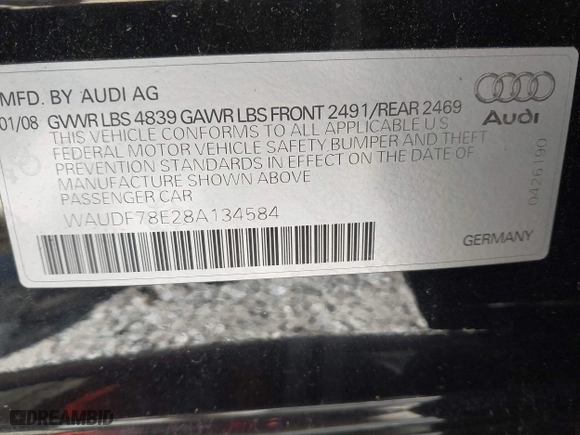 2008 Audi A4 2.0T with VIN WAUDF78E28A134584, listed as a IAAI auction lot 41300123 with 84,148 mi miles. Bid and sale history available at carsss.com. Image 9.
