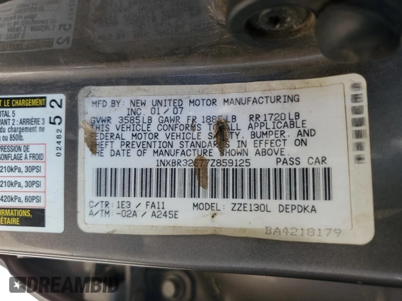 2007 Toyota Corolla CE with VIN 1NXBR32E77Z859125, listed as a Copart auction lot 59298805 with 297,455 mi miles and Clean title. Bid and sale history available at DreamBid. Image 13.