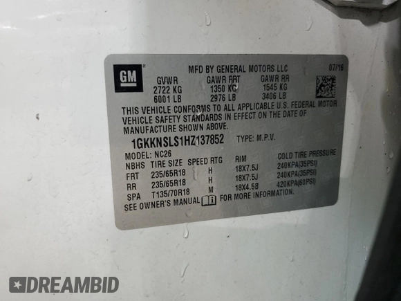 2017 GMC Acadia SLE with VIN 1GKKNSLS1HZ137852, listed as a Copart auction lot 87065114 with 187,081 mi miles and Salvage Title. Bid and sale history available at carsss.com. Image 13.