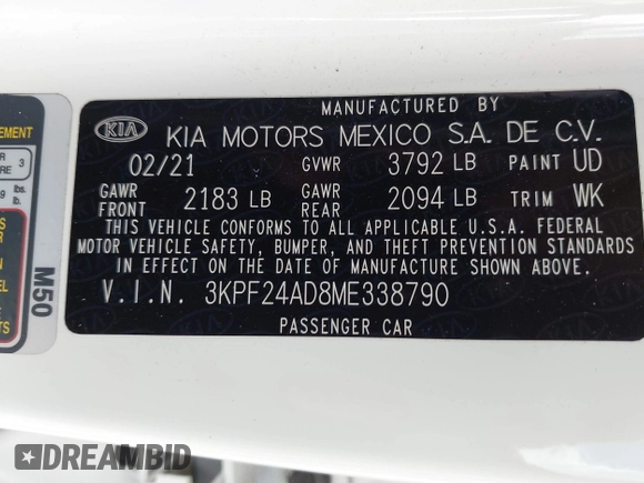 2021 Kia Forte LXS with VIN 3KPF24AD8ME338790, listed as a IAAI auction lot 42547558 with 58,308 mi miles and . Bid and sale history available at DreamBid. Image 9.