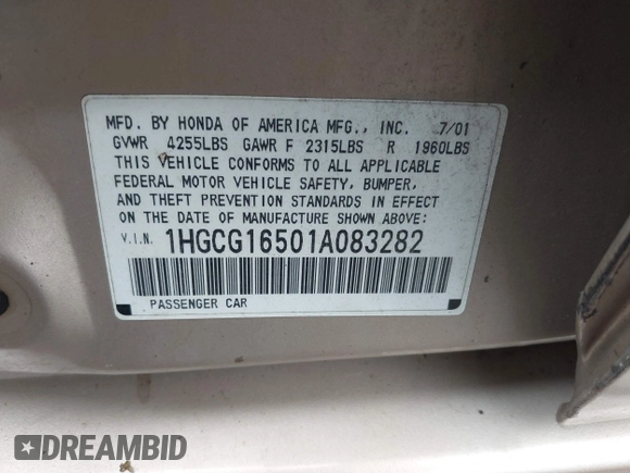 2001 Honda Accord EX с VIN 1HGCG16501A083282, выставлен на аукционе IAAI как лот 42362737 с пробегом Не указан миль и . История ставок и продаж доступна на DreamBid. Изображение 9.
