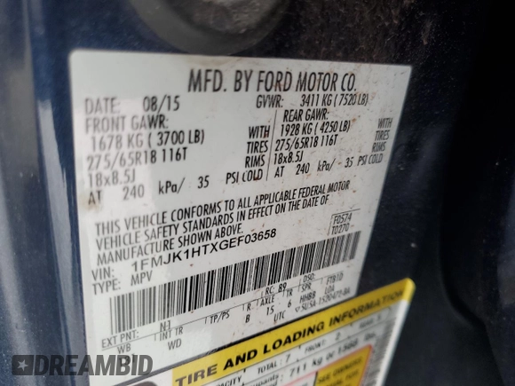 2016 Ford Expedition EL XLT with VIN 1FMJK1HTXGEF03658, listed as a Copart auction lot 75935744 with 112,914 mi miles and Salvage Title. Bid and sale history available at carsss.com. Image 14.