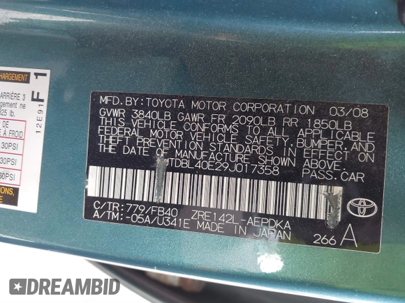 2009 Toyota Corolla with VIN JTDBL40E29J017358, listed as a IAAI auction lot 41041604 with 233,205 mi miles. Bid and sale history available at carsss.com. Image 9.