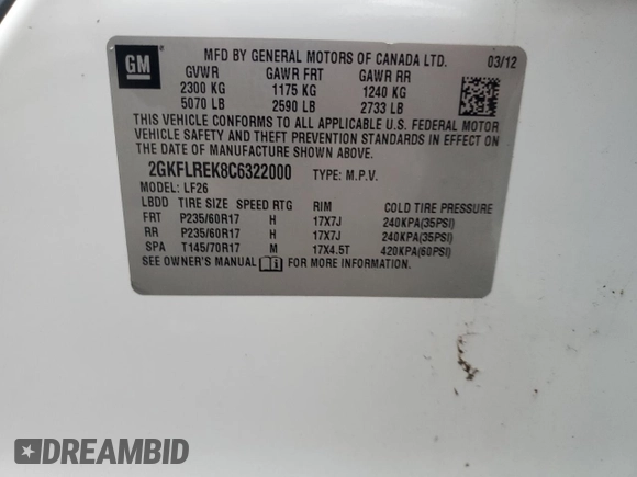 2012 GMC Terrain SLE-1 with VIN 2GKFLREK8C6322000, listed as a Copart auction lot 48246315 with Not Provided miles and Clean Title. Bid and sale history available at carsss.com. Image 14.