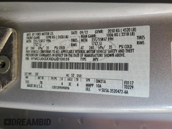 2013 Ford Escape SE with VIN 1FMCU0GXXDUB10035, listed as a Copart auction lot 56817785 with 130,497 mi miles and Salvage title. Bid and sale history available at DreamBid. Image 13.