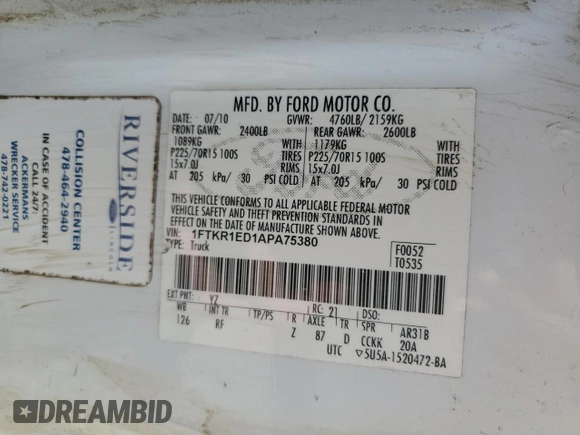 2010 Ford Ranger XL with VIN 1FTKR1ED1APA75380, listed as a Copart auction lot 50027085 with 223,895 mi miles and Salvage title. Bid and sale history available at DreamBid. Image 12.