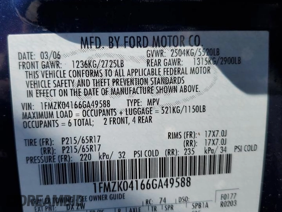 2006 Ford Freestyle SE с VIN 1FMZK04166GA49588, выставлен на аукционе Copart как лот 63871645 с пробегом 165 985 миль миль и Списание • Salvage title. История ставок и продаж доступна на DreamBid. Изображение 13.