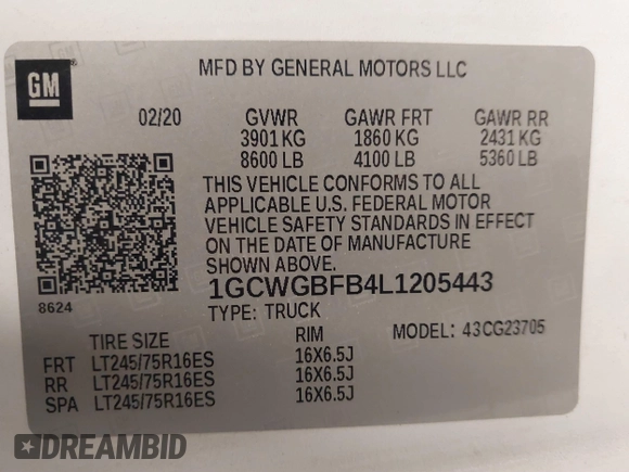 2020 Chevrolet Express Cargo Van with VIN 1GCWGBFB4L1205443, listed as a IAAI auction lot 41612714 with 87,883 mi miles. Bid and sale history available at carsss.com. Image 9.