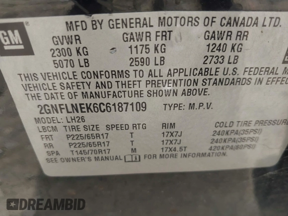 2012 Chevrolet Equinox LT w/2LT with VIN 2GNFLNEK6C6187109, listed as a IAAI auction lot 41952322 with 190,433 mi miles. Bid and sale history available at carsss.com. Image 9.