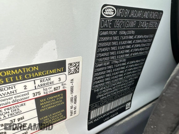 2022 Land Rover Range Rover z VIN SALGR2SU5NA459924, wystawiony jako Copart lot #58144225 z przebiegiem 44 635 mil mil oraz Czysty tytuł • Clean title. Historia ofert i sprzedaży dostępna na DreamBid. Obrazek 10.