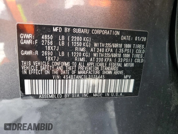 2020 Subaru Outback Limited with VIN 4S4BTANC1L3175445, listed as a Copart auction lot 59753065 with 36,197 mi miles and Salvage title. Bid and sale history available at DreamBid. Image 13.