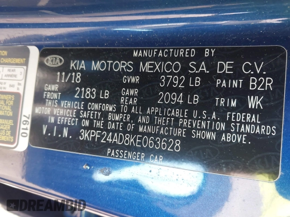 2019 Kia Forte LXS with VIN 3KPF24AD8KE063628, listed as a IAAI auction lot 41508085 with 150,564 mi miles. Bid and sale history available at carsss.com. Image 9.