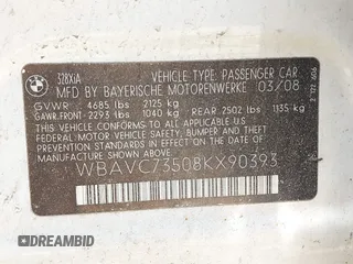2008 BMW 3 Series 328xi with VIN WBAVC73508KX90393, listed as a IAAI auction lot 42551963 with 166,755 mi miles and . Bid and sale history available at DreamBid. Image 9.