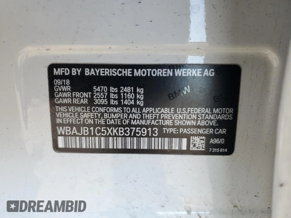 2019 BMW 5 Series 530e xDrive z VIN WBAJB1C5XKB375913, wystawiony jako Copart lot #82580004 z przebiegiem Nie podano mil oraz Szkoda całkowita • Salvage title. Historia ofert i sprzedaży dostępna na DreamBid. Obrazek 14.