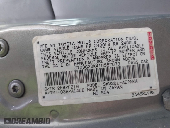 2001 Toyota Camry CE z VIN JT2BG22K410587070, wystawiony jako IAAI lot #42388043 z przebiegiem 119 183 mil mil oraz . Historia ofert i sprzedaży dostępna na DreamBid. Obrazek 9.