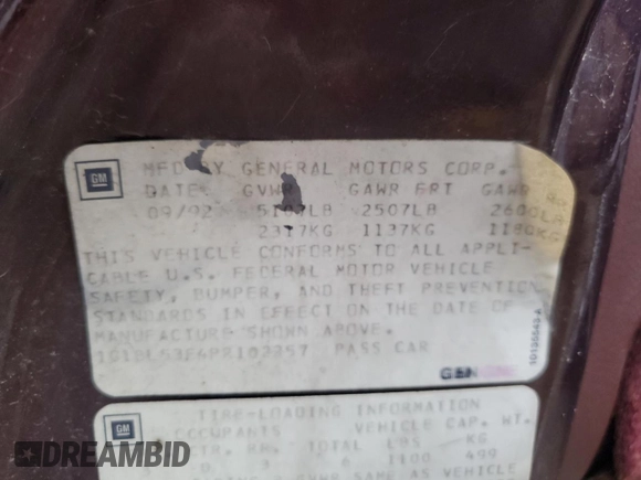 1993 Chevrolet Caprice with VIN 1G1BL53E4PR102257, listed as a Copart auction lot 85344924 with 228,725 mi miles and Salvage Title. Bid and sale history available at DreamBid. Image 12.