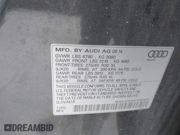 2015 Audi Q7 Premium Plus with VIN WA1LGAFE9FD003878, listed as a IAAI auction lot 42580801 with 160,949 mi miles and . Bid and sale history available at DreamBid. Image 9.