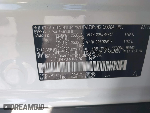 2021 Toyota RAV4 LE with VIN 2T3H1RFV3MW166926, listed as a IAAI auction lot 41283161 with 54,244 mi miles. Bid and sale history available at carsss.com. Image 9.
