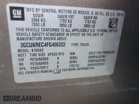 2015 Chevrolet Silverado 1500 LT with VIN 3GCUKREC4FG496203, listed as a Copart auction lot 46686965 with Not Provided miles and Salvage Title. Bid and sale history available at DreamBid. Image 12.