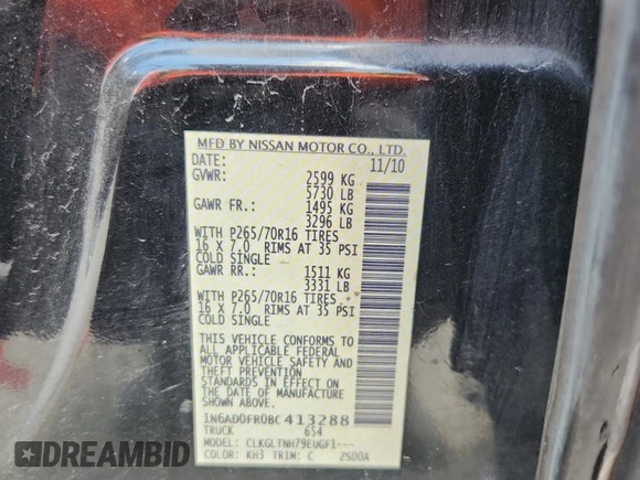 2011 Nissan Frontier SV with VIN 1N6AD0FR0BC413288, listed as a Copart auction lot 62577505 with 173,476 mi miles and Salvage title. Bid and sale history available at DreamBid. Image 12.