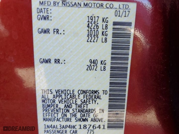 2017 Nissan Altima 2.5 SV with VIN 1N4AL3AP4HC187641, listed as a Copart auction lot 88065345 with 145,654 mi miles and Salvage Title. Bid and sale history available at carsss.com. Image 12.
