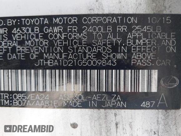 2016 Lexus IS 200t with VIN JTHBA1D21G5009843, listed as a IAAI auction lot 41987012 with Not Provided miles and . Bid and sale history available at DreamBid. Image 9.