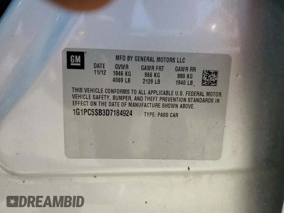 2013 Chevrolet Cruze 1LT with VIN 1G1PC5SB3D7184924, listed as a Copart auction lot 53326355 with 170,359 mi miles and Salvage Title. Bid and sale history available at DreamBid. Image 12.