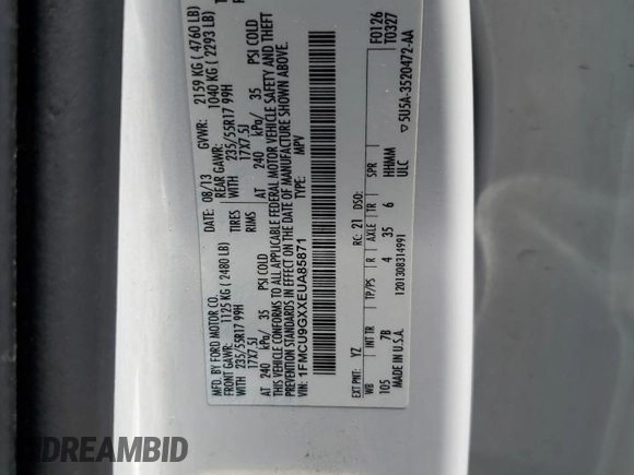 2014 Ford Escape SE с VIN 1FMCU9GXXEUA85871, выставлен на аукционе Copart как лот 62759695 с пробегом 184 692 миль миль и Чистый • Clean title. История ставок и продаж доступна на DreamBid. Изображение 13.