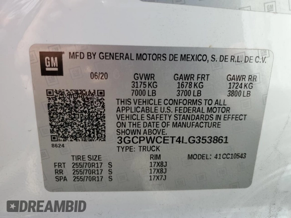 2020 Chevrolet Silverado 1500 LT with VIN 3GCPWCET4LG353861, listed as a Copart auction lot 66680784 with 82,168 mi miles and Salvage Title. Bid and sale history available at DreamBid. Image 13.