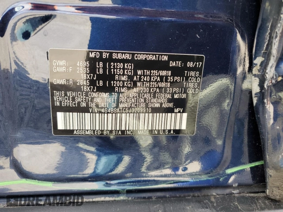 2018 Subaru Outback Touring with VIN 4S4BSATC5J3209910, listed as a Copart auction lot 49455595 with 90,539 mi miles and Salvage title. Bid and sale history available at DreamBid. Image 14.