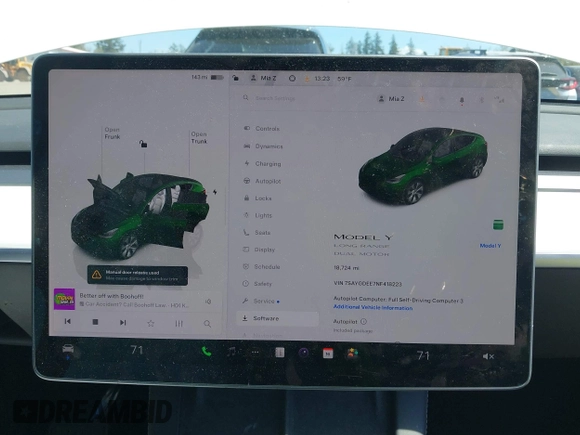 2022 Tesla Model Y Long Range z VIN 7SAYGDEE7NF418223, wystawiony jako IAAI lot #42046651 z przebiegiem 18 724 mil mil oraz . Historia ofert i sprzedaży dostępna na DreamBid. Obrazek 19.