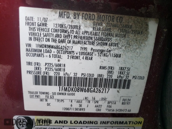 2008 Ford Taurus X Eddie Bauer z VIN 1FMDK08W68GA26217, wystawiony jako Copart lot #43721425 z przebiegiem 275 637 mil mil oraz Szkoda całkowita • Salvage title. Historia ofert i sprzedaży dostępna na DreamBid. Obrazek 13.