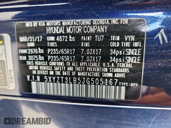 2018 Hyundai Santa Fe 2.4L с VIN 5XYZT3LB5JG505167, выставлен на аукционе Copart как лот 63854995 с пробегом 116 078 миль миль и Чистый • Clean title. История ставок и продаж доступна на DreamBid. Изображение 13.
