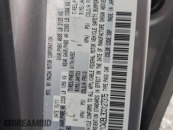 2012 Mazda 5 Sport with VIN JM1CW2BL3C0127375, listed as a Copart auction lot 61821135 with 98,952 mi miles and Clean title. Bid and sale history available at DreamBid. Image 13.