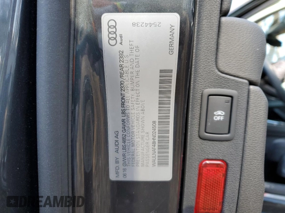 2017 Audi A4 Premium Plus with VIN WAULNAF48HN024508, listed as a Copart auction lot 48075795 with 88,270 mi miles and Salvage Title. Bid and sale history available at carsss.com. Image 14.