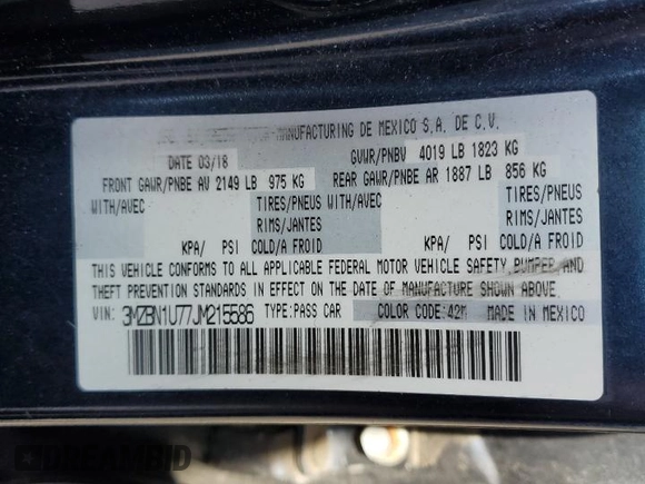 2018 Mazda 3 Sport with VIN 3MZBN1U77JM215586, listed as a Copart auction lot 56766805 with 80,779 mi miles and Salvage Title. Bid and sale history available at DreamBid. Image 12.