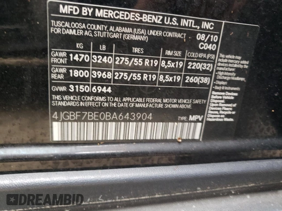 2011 Mercedes-Benz GL-Class GL 450 with VIN 4JGBF7BE0BA643904, listed as a Copart auction lot 62834622 with 0 mi miles and Salvage Title. Bid and sale history available at carsss.com. Image 10.