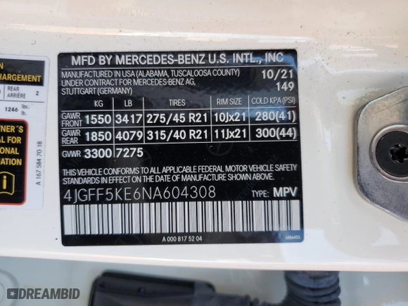 2022 Mercedes-Benz GLS with VIN 4JGFF5KE6NA604308, listed as a Copart auction lot 59585654 with 36,369 mi miles and Salvage Title. Bid and sale history available at carsss.com. Image 15.